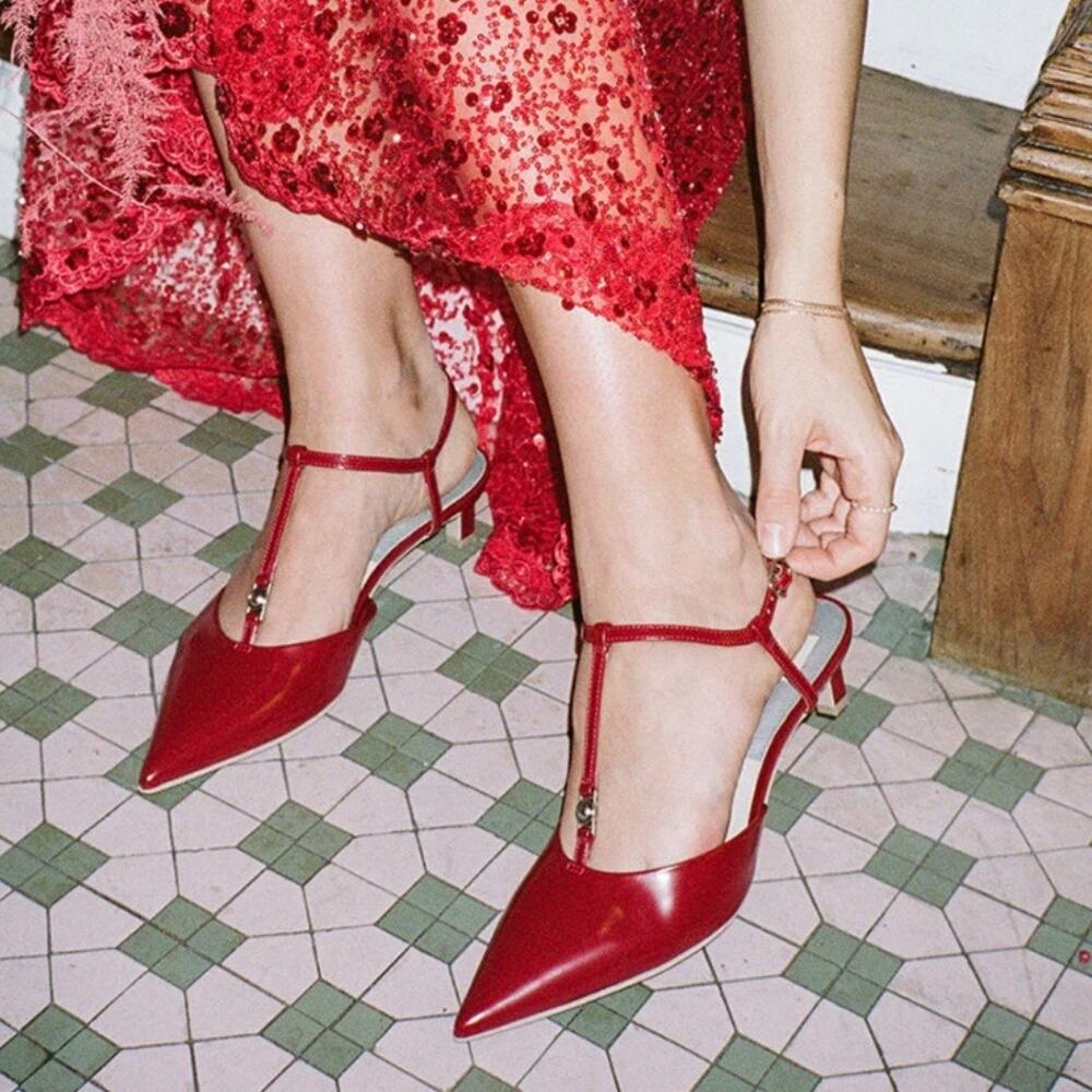 Dolce Vita Red Pointed T-Strap Low Heel Pumps